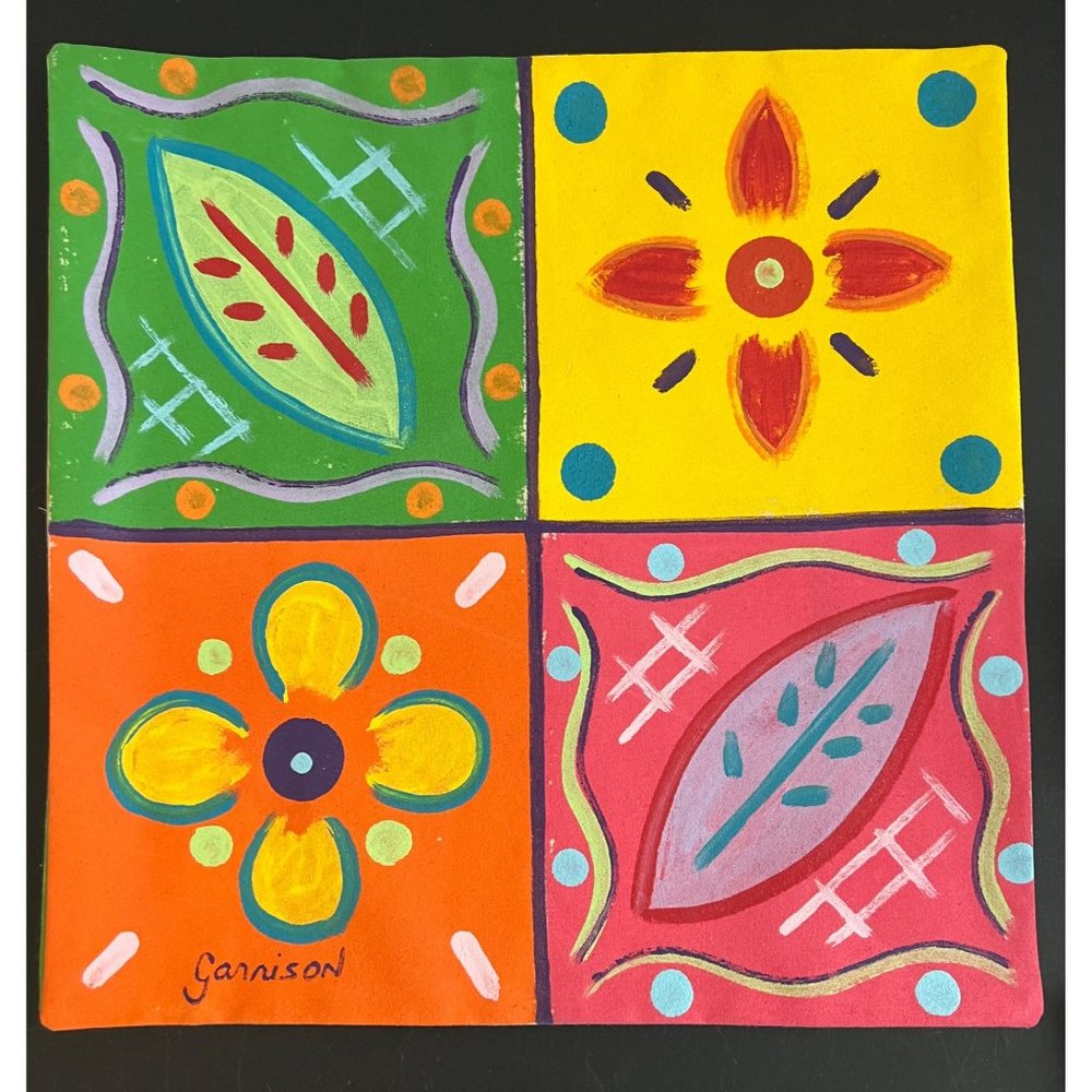Whimsical Hand Painted Folk Art Floral Canvas Pillow Cover With Button Closure